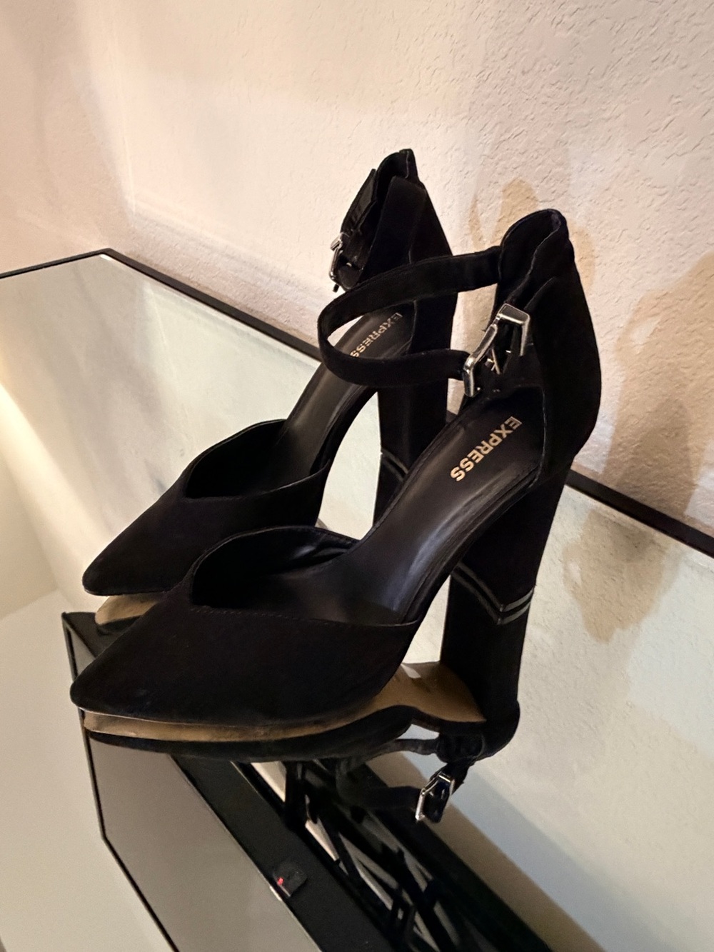 Express Black Suede Pointed-Toe Ankle-Strap Heels